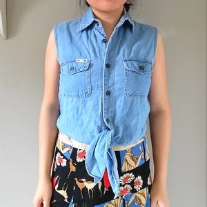 vintage tie waist crop sleeveless top denim shirt